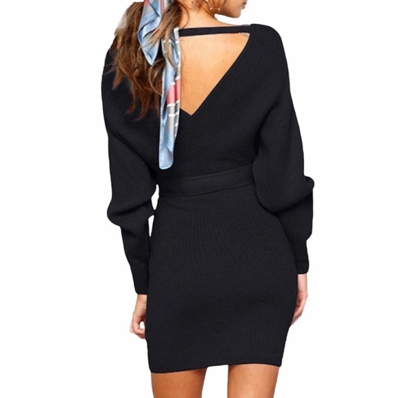 Zonsaoja | Women's Sweater Dress V Neck Long Sleeve Backless - Picture 4 of 15